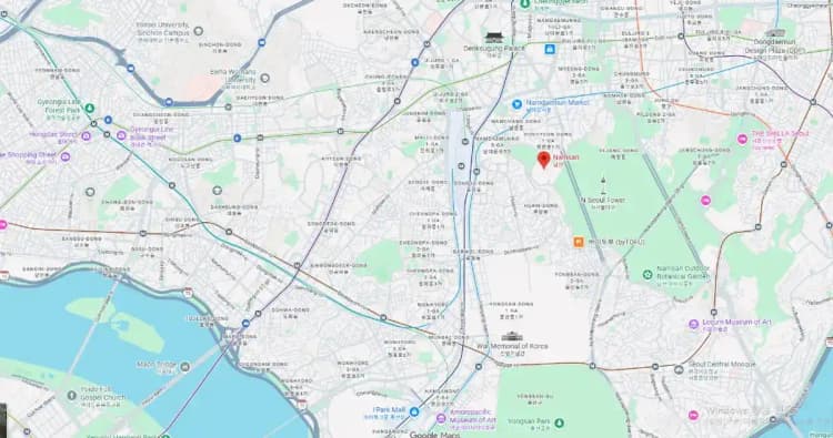 Google Maps zoomed into central Seoul with Namsan (N Seoul Tower) marked — Hongdae to the west, Han River to the south