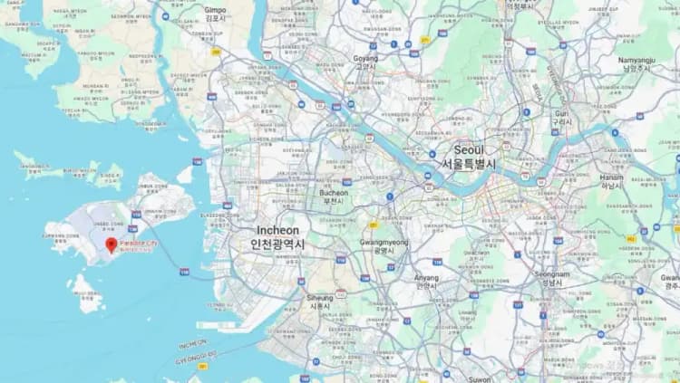 Google Maps overview showing Paradise City in Incheon and the distance to central Seoul — approximately 50km west of the city