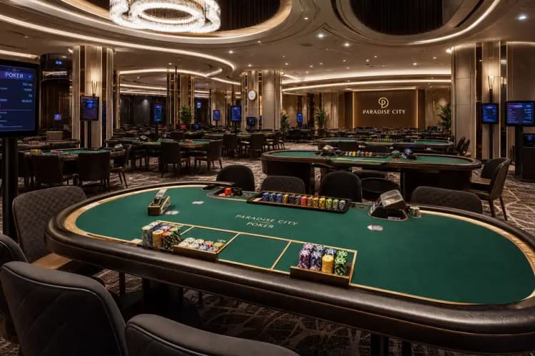 Paradise City Casino interior — luxury resort casino connected to Incheon International Airport with poker tables, slot machines, and high-end hotel lobby