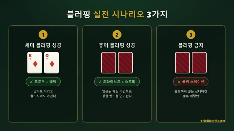 홀덤 블러핑 실전 시나리오 — 세미 블러핑·퓨어 블러핑·금지 상황 비교