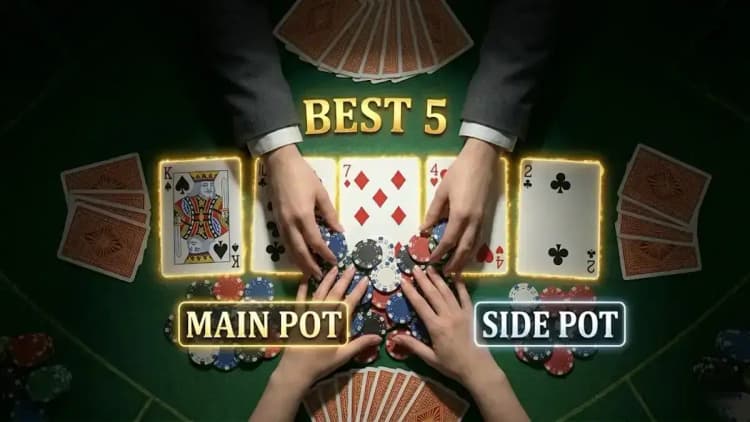 การเปิดไพ่หลังออลอินในเท็กซัสโฮลเด็ม — บอร์ด K♠ 10♣ 7♦ 4♥ 2♣ พร้อมชิปที่แยกออกเป็นพอตหลักกับไซด์พอตที่ติดป้ายกำกับไว้