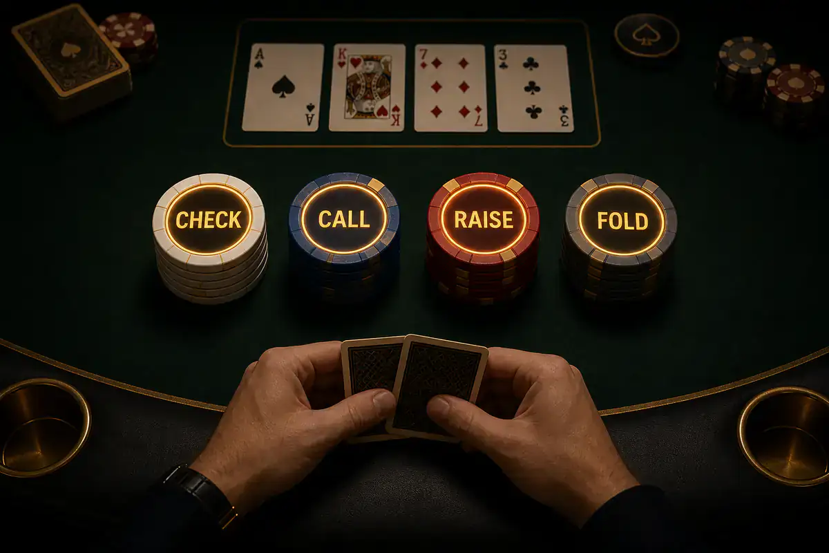 Texas Hold'em table showing CHECK, CALL, RAISE, FOLD chip stacks — a player holds hole cards while deciding their action