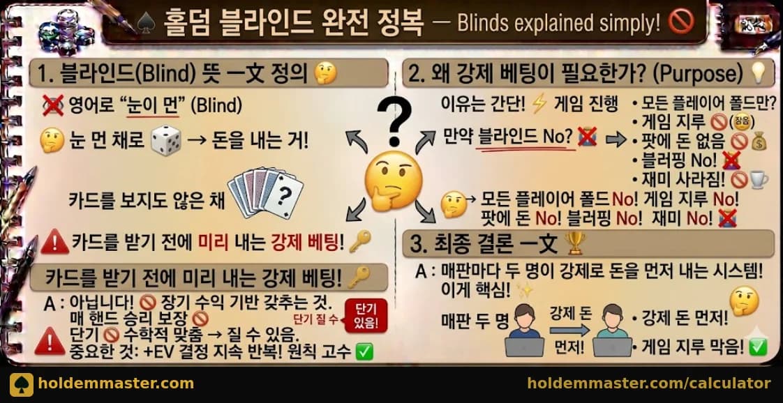 홀덤 블라인드 완전 정복 — 블라인드 뜻·강제 베팅 이유·스몰빅블라인드 차이 핵심 정리 인포그래픽