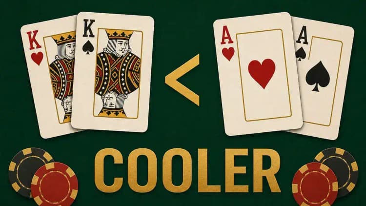 一张图展示口袋 KK 输给口袋 AA，标注 COOLER——两手大牌相撞，无人失误