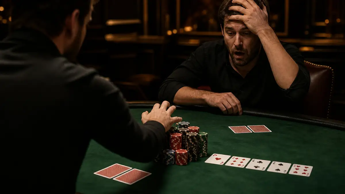 A stunned poker player with his hand on his head after losing a big pot, watching his opponent pull a tall stack of chips across the green felt