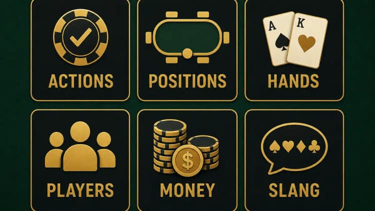 Eine sechsteilige Kachelkarte des Poker-Vokabulars auf dunkelgrünem Filz, jede Kachel mit goldenem Icon – ACTIONS, POSITIONS, HANDS, PLAYERS, MONEY und SLANG