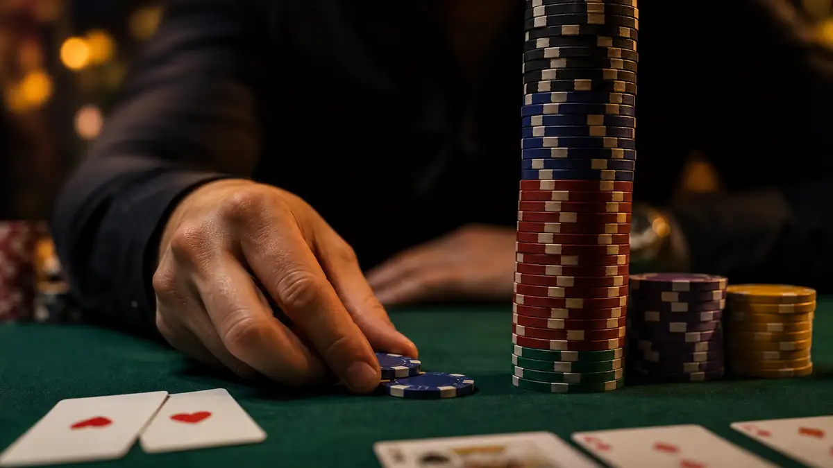 A deep stack of chips sitting behind a player calling a bet with a flush draw on the turn — the moment implied odds justify a call the pot alone doesn't pay for