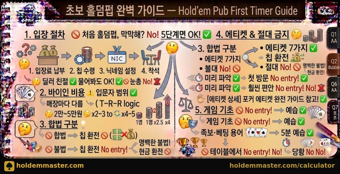 초보 홀덤펍 완벽 가이드 — 입장 절차·바이인·합법 구분·에티켓 5단계 인포그래픽