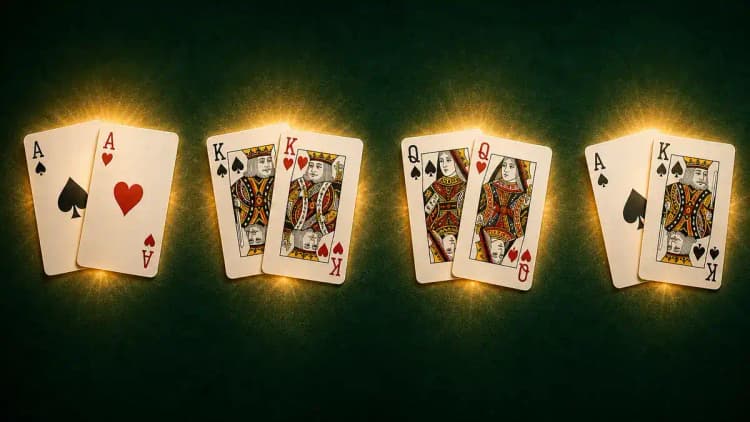 Quatro mãos iniciais premium do Texas Hold'em — pocket ases, pocket reis, pocket damas e ás-rei suited — brilhando em dourado sobre o feltro verde-escuro
