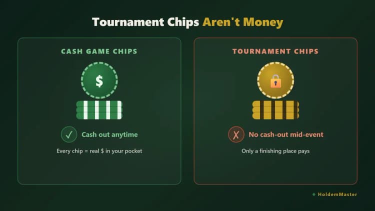 Infographic: cash chips convert to money instantly while tournament chips have no cash value until you reach a paid finish