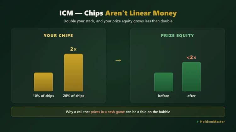 Infographic showing that doubling your tournament stack grows your prize equity by less than double — the core of ICM pressure