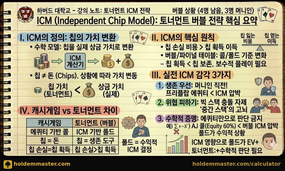 ICM 토너먼트 버블 전략 핵심 요약 인포그래픽 — ICM이란 뜻과 실전 적용