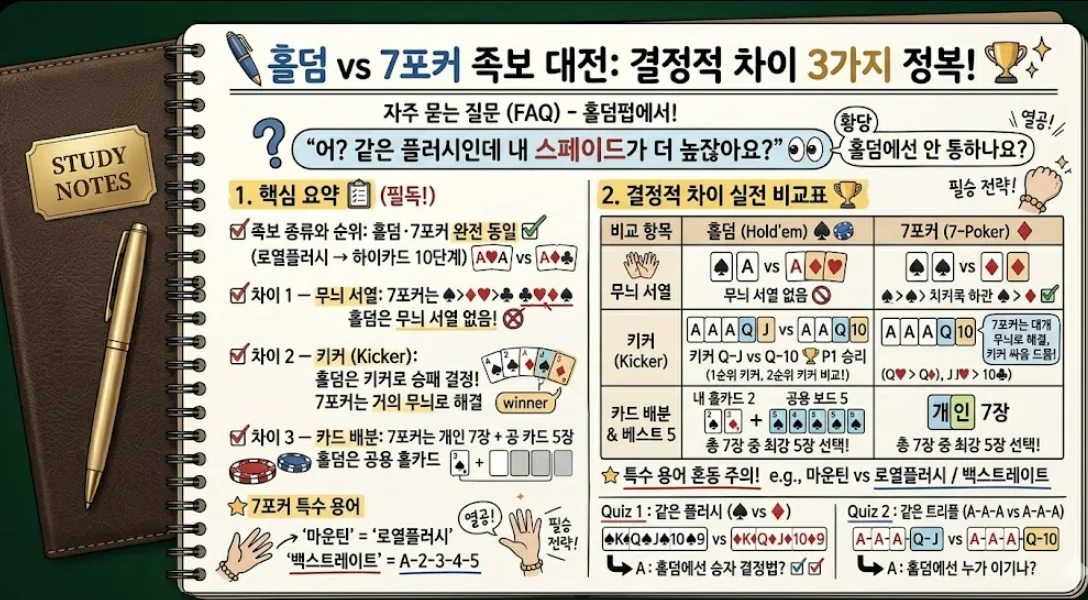 홀덤 vs 7포커 족보 차이 핵심 요약 카드 — 결정적 차이 3가지 한 장 정복