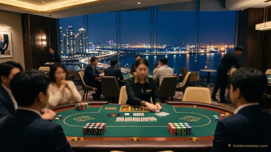 APT Incheon 2026 at Paradise City โ a premium poker tournament room at night with green-felt tables, chip stacks, and the Incheon harbor skyline through floor-to-ceiling windows