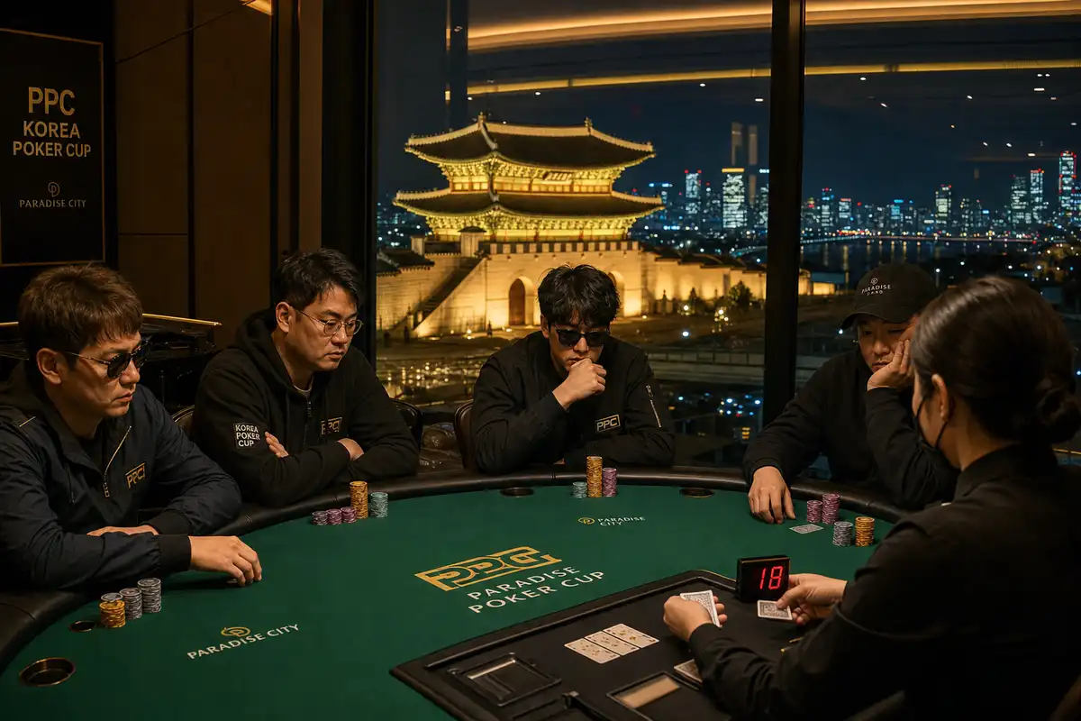 APT Incheon 2026 at Paradise City Casino — poker tables set up with Seoul skyline and traditional Korean gate visible in background