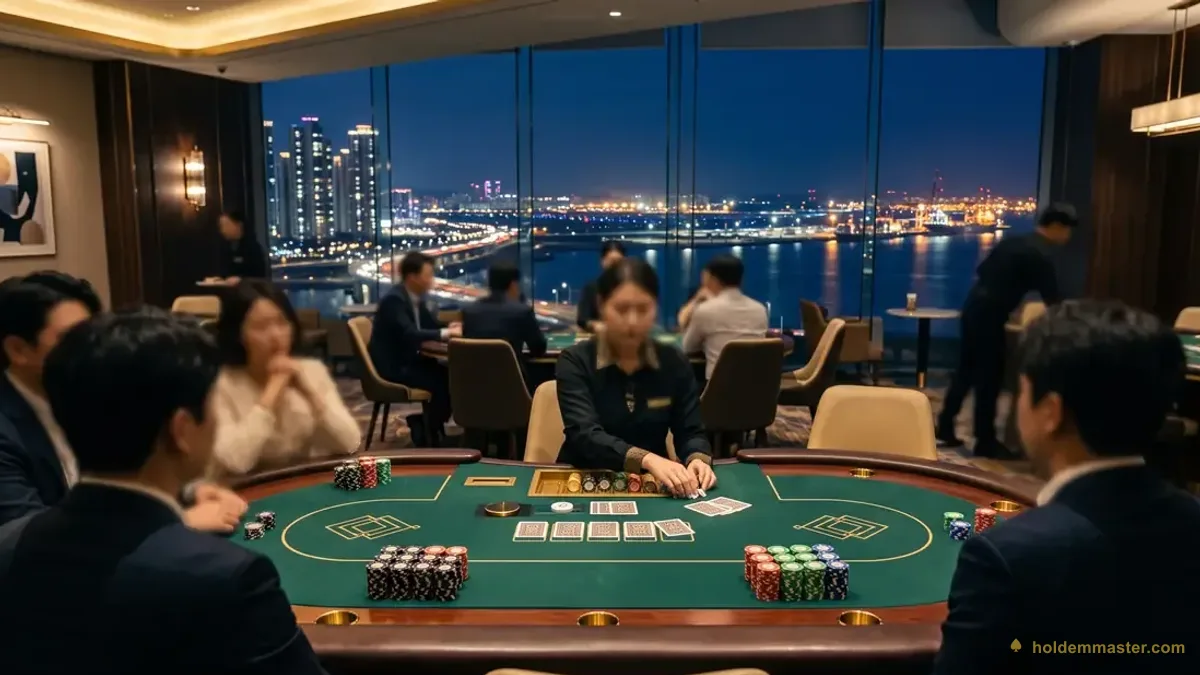 APT Incheon 2026 im Paradise City – ein edler Pokerturniersaal bei Nacht mit grünen Filztischen, Chip-Stacks und der Skyline des Hafens von Incheon durch bodentiefe Fenster