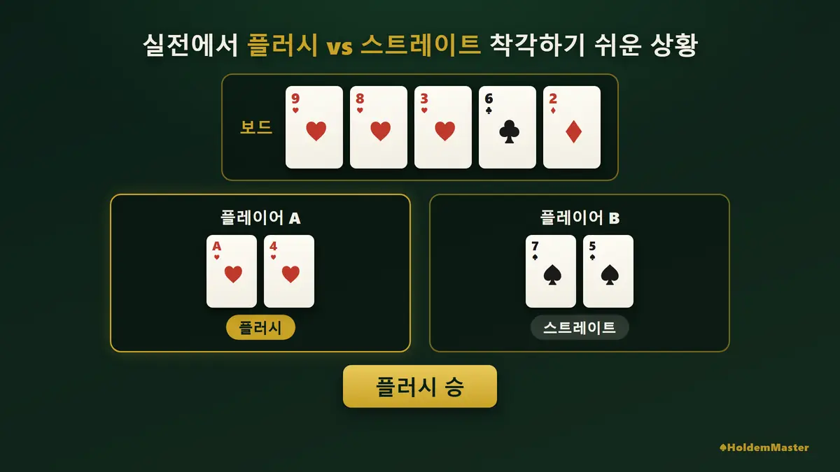 홀덤 플러시 vs 스트레이트 실전 보드 상황 3가지 — 스트레이트 완성에도 플러시에 지는 케이스·드로우 드로우 대결·플러시 착각 판단법