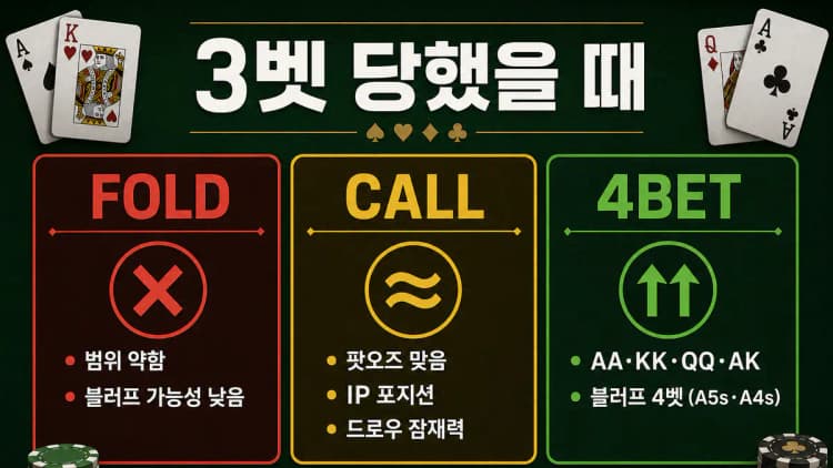 3벳 당했을 때 — 콜·폴드·4벳 결정 기준 완전 정리