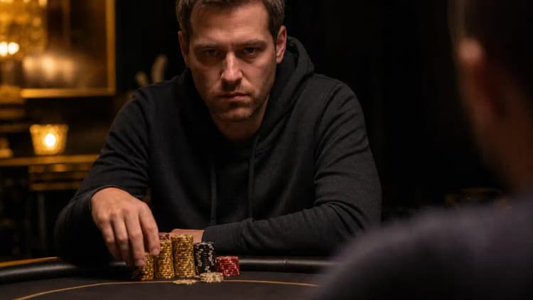 Un jugador de póker aguantando la mirada a una resubida en el preflop con la mano apoyada sobre sus fichas, sopesando si igualar, meter 4-bet o foldear a un 3-bet
