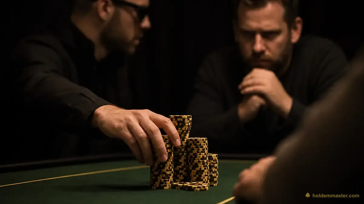 Un jugador de póker desliza una pila de fichas hacia delante para resubir mientras el subidor original observa, un enfrentamiento de 3-bet en el preflop sobre el tapete verde