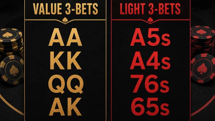 Una infografía en cuadrícula oscura y on-brand que divide las manos de 3-bet en dos columnas — 3-BETS DE VALOR como ases, reyes, damas y as-rey, y 3-BETS LIGHT como ases del mismo palo de la rueda y conectores del mismo palo