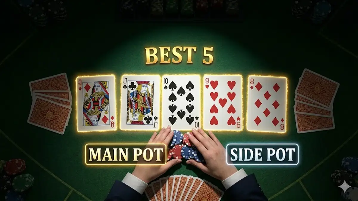 Texas Hold'em all-in — player pushes all chips into center as dealer separates main pot and side pot on green felt