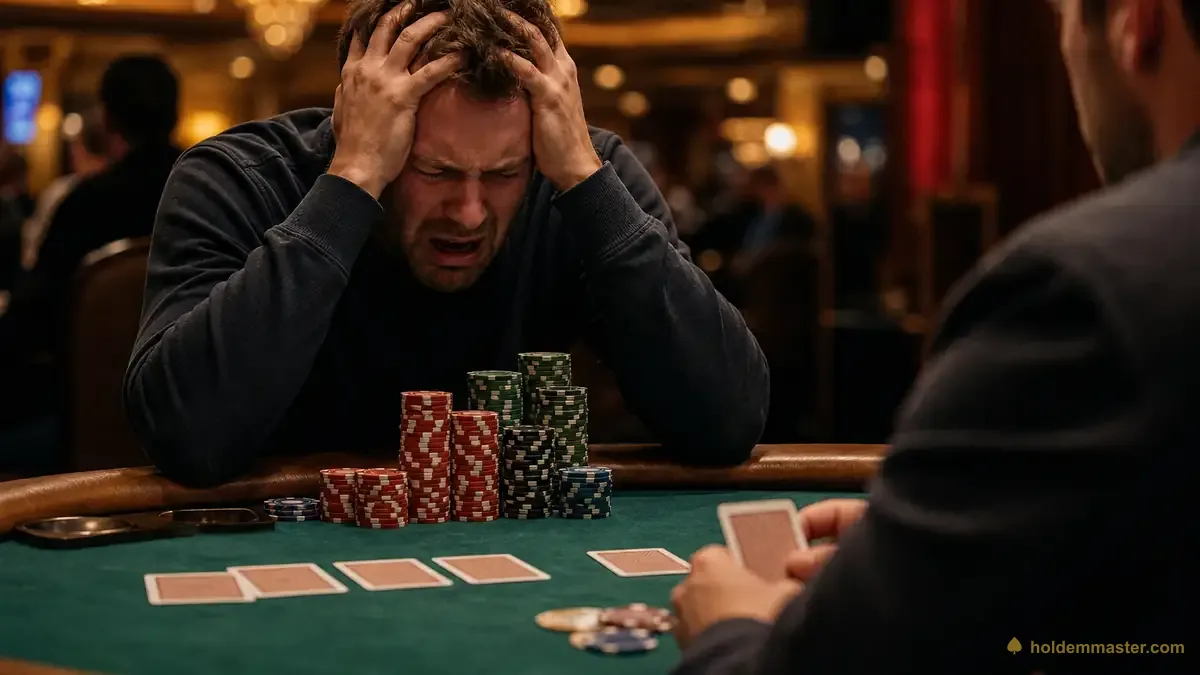 Ein Pokerspieler greift sich verzweifelt an den Kopf, nachdem er einen großen Pot verloren hat, den er als klarer Favorit gewinnen musste, seine Chips gestapelt auf dem grünen Filz