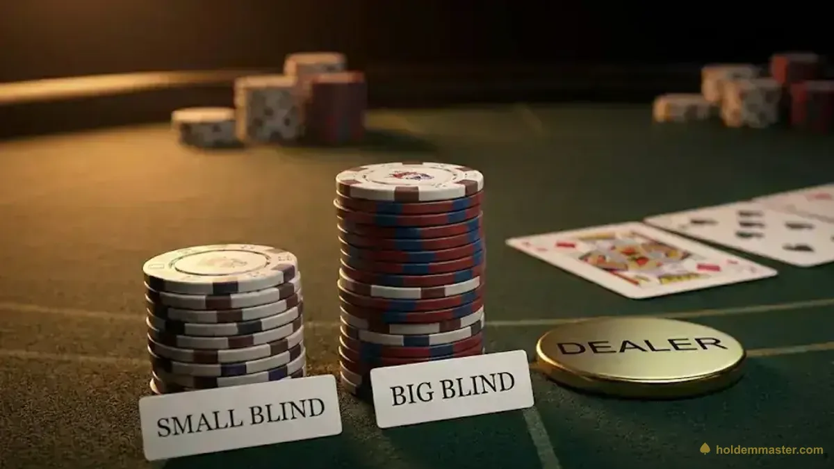 পোকার টেবিলে সোনালি dealer button-এর পাশে লেবেলসহ small blind ও big blind-এর chip স্ট্যাক