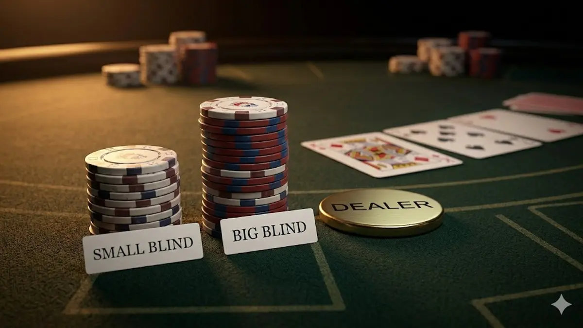 Small blind and big blind chip stacks with labels next to a gold dealer button on a poker table