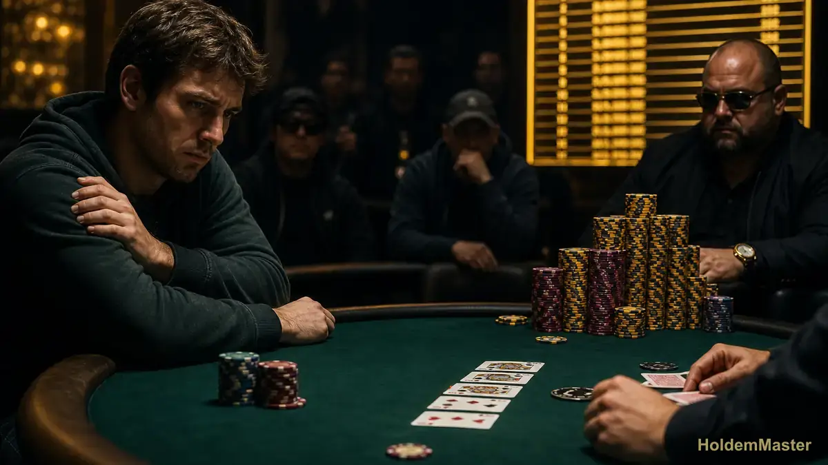 A short chip stack and a towering big stack across a tournament table on the money bubble, a payout ladder in the background — the moment survival becomes worth more than chips