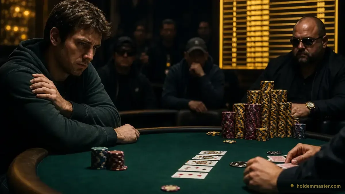 Ein kleiner Chip-Stack und ein turmhoher Big Stack gegenüber am Turniertisch an der Money Bubble, im Hintergrund eine Payout-Leiter – der Moment, in dem Überleben mehr wert wird als Chips