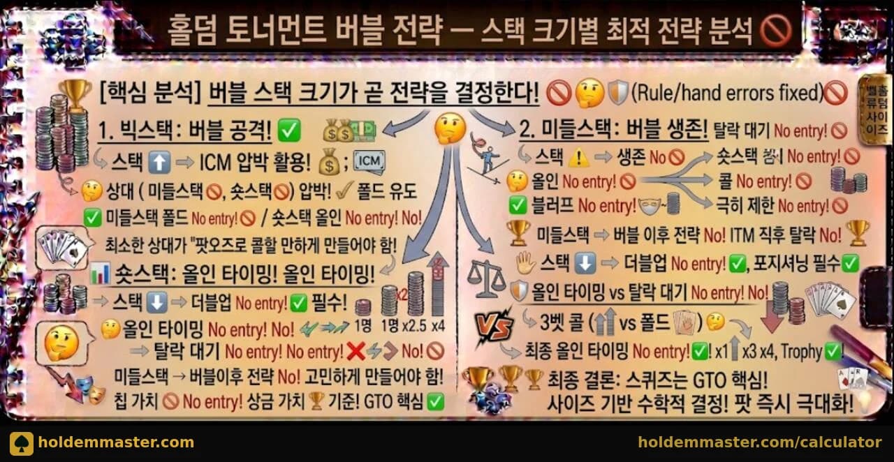 홀덤 토너먼트 버블 전략 — 빅스택·미들스택·숏스택 스택 크기별 최적 전략 한눈에 정리