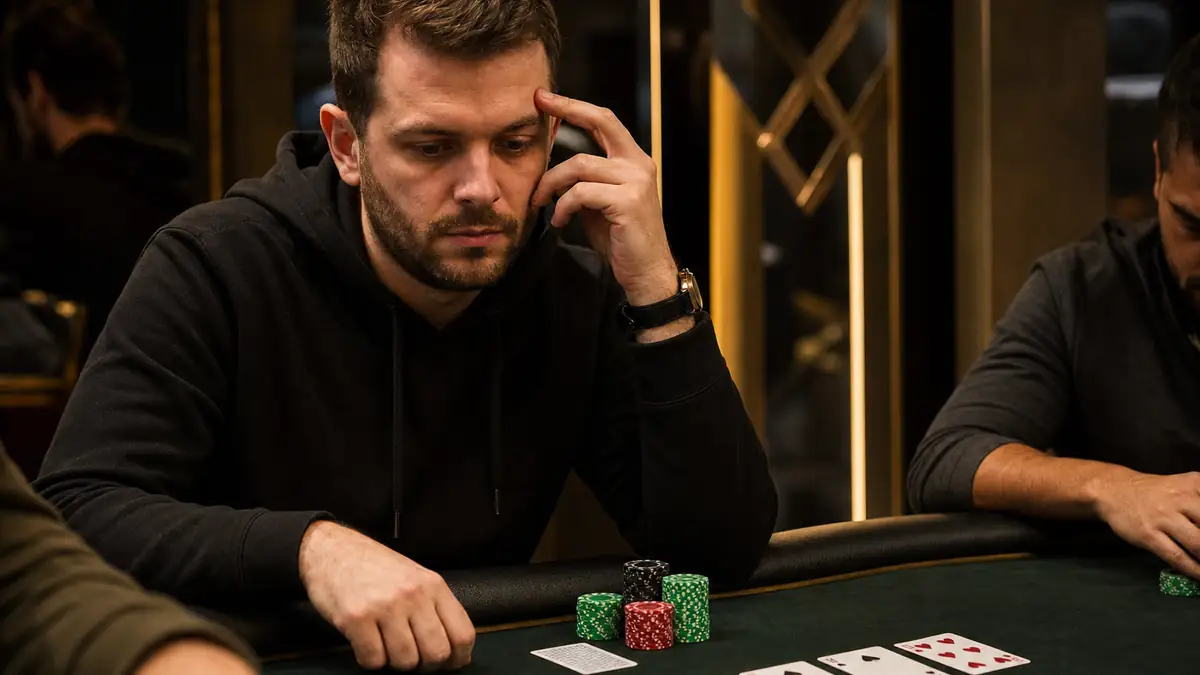 A poker player quietly counting outs in their head at a live table, chips and a spread board in front of them — the mental math that replaces blackjack-style counting