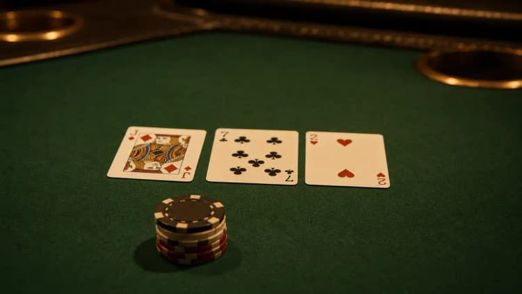 Un flop seco y desconectado J-7-2 rainbow sobre el tapete verde con una pequeña pila de fichas apostada delante, la clase de board de carta alta que pertenece al agresor del preflop