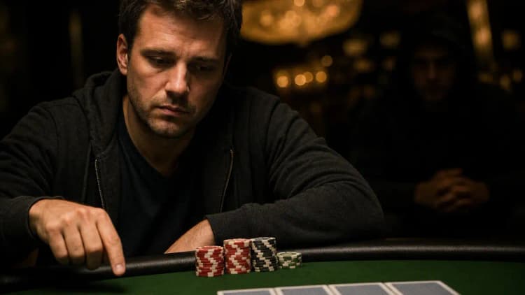 Un jugador de póker actuando primero fuera de posición, los dedos sobre el tapete junto a sus fichas con un rival esperando en la penumbra detrás