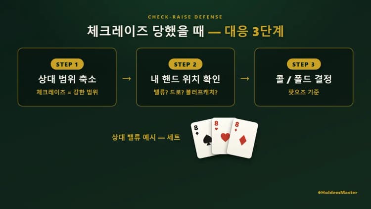홀덤 체크레이즈 당했을 때 대응 3단계 — 레인지 축소·핸드 강도·콜 폴드 결정|w