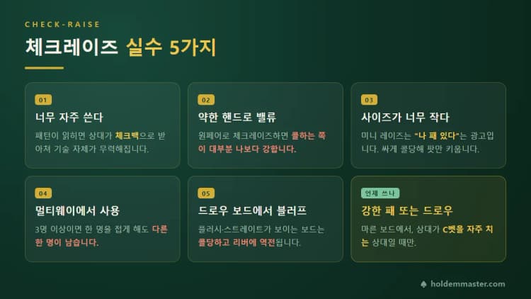 홀덤 체크레이즈 실수 WORST 5 — 남용·약한 핸드·사이즈·멀티웨이·블러프|w
