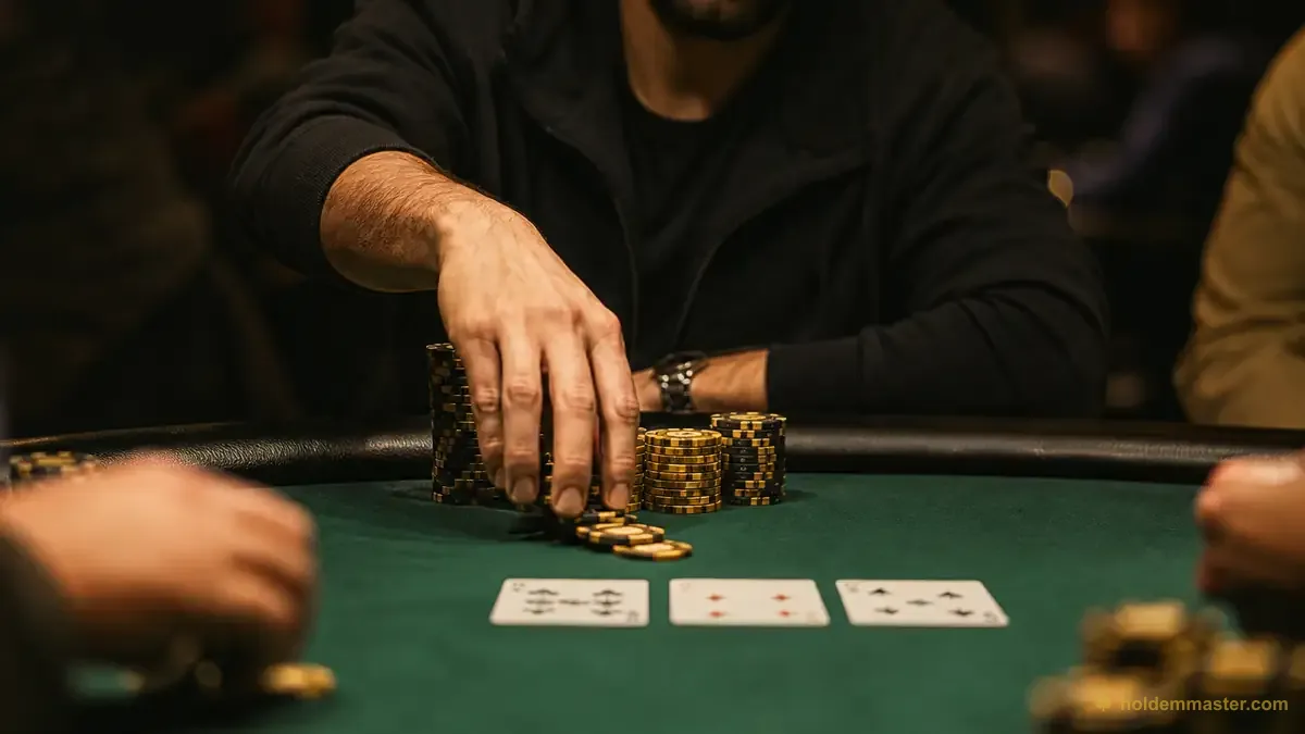 Un jugador de póker apostando fichas sobre un flop recién repartido tras subir en el preflop, el clásico momento de la apuesta de continuación sobre el tapete verde
