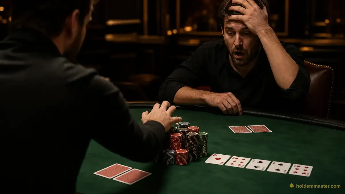 A stunned poker player with his hand on his head after losing a big pot, watching his opponent pull a tall stack of chips across the green felt
