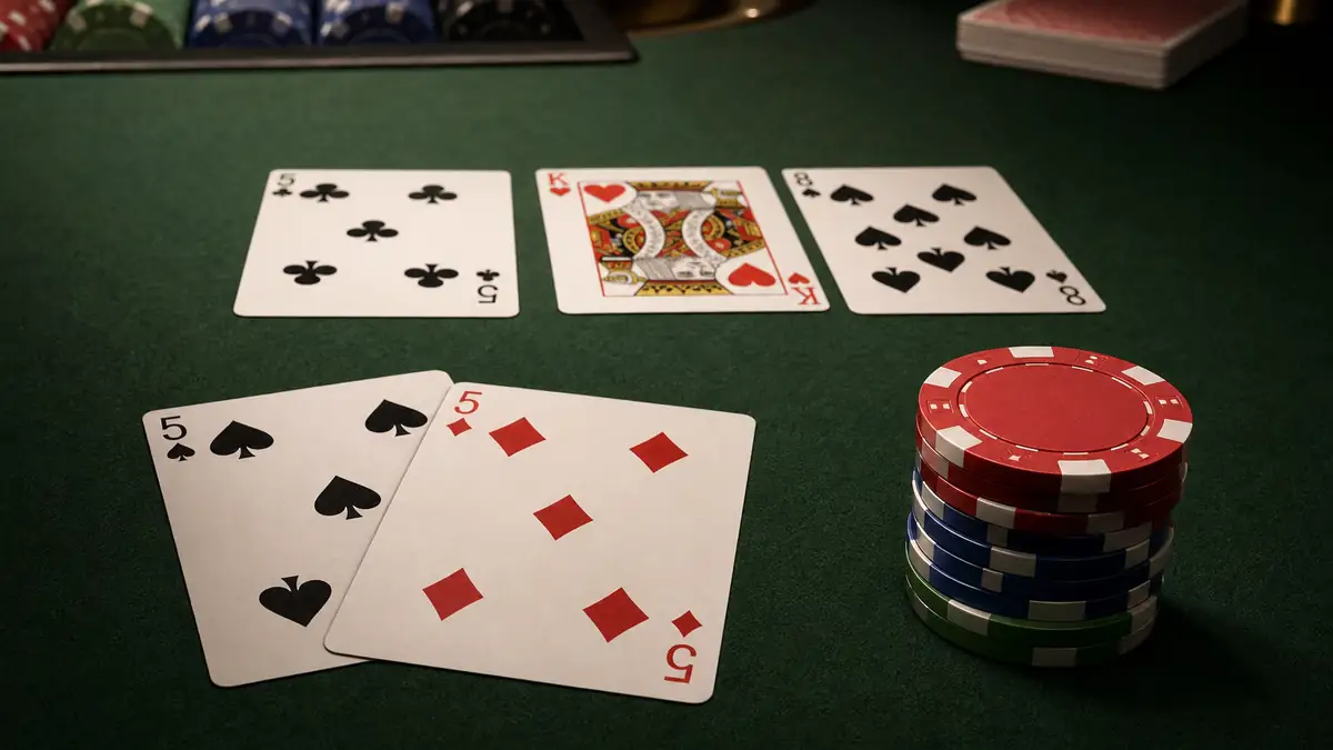 A small pocket pair beside a chip stack on green felt as a flop is dealt, the moment a set-mining call pays off or misses