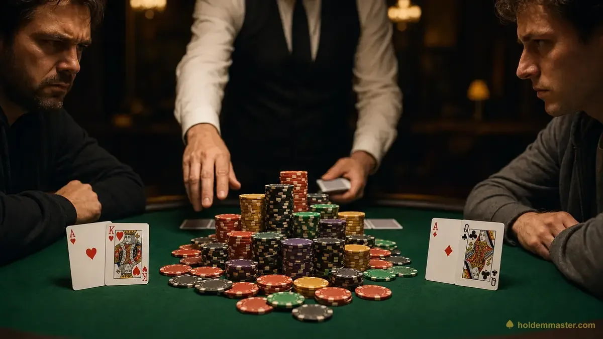 Zwei Spieler all-in mit offenen Karten auf grünem Filz, ein Stapel Chips in der Mitte – der Moment, in dem die Equity jeder Hand zu einem echten Anteil am Pot wird
