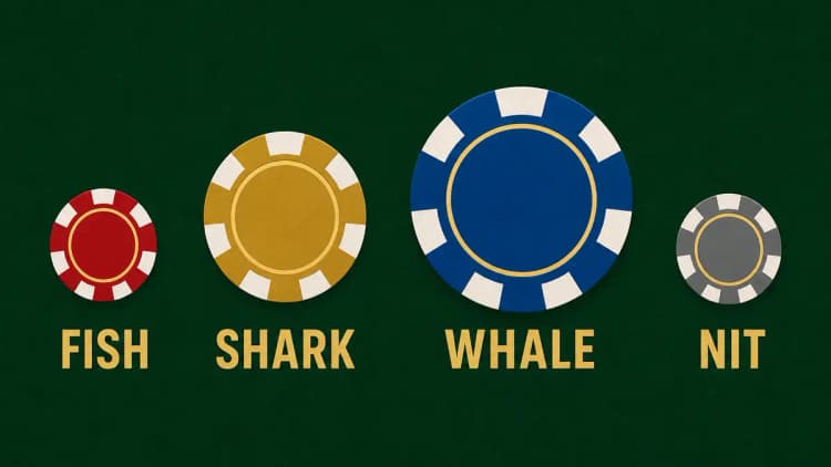 Eine einfache Darstellung der Poker-Nahrungskette mit vier Spielertypen als Poker-Chip-Icons – FISH, SHARK, WHALE und NIT – die vier Rollen an einem Tisch
