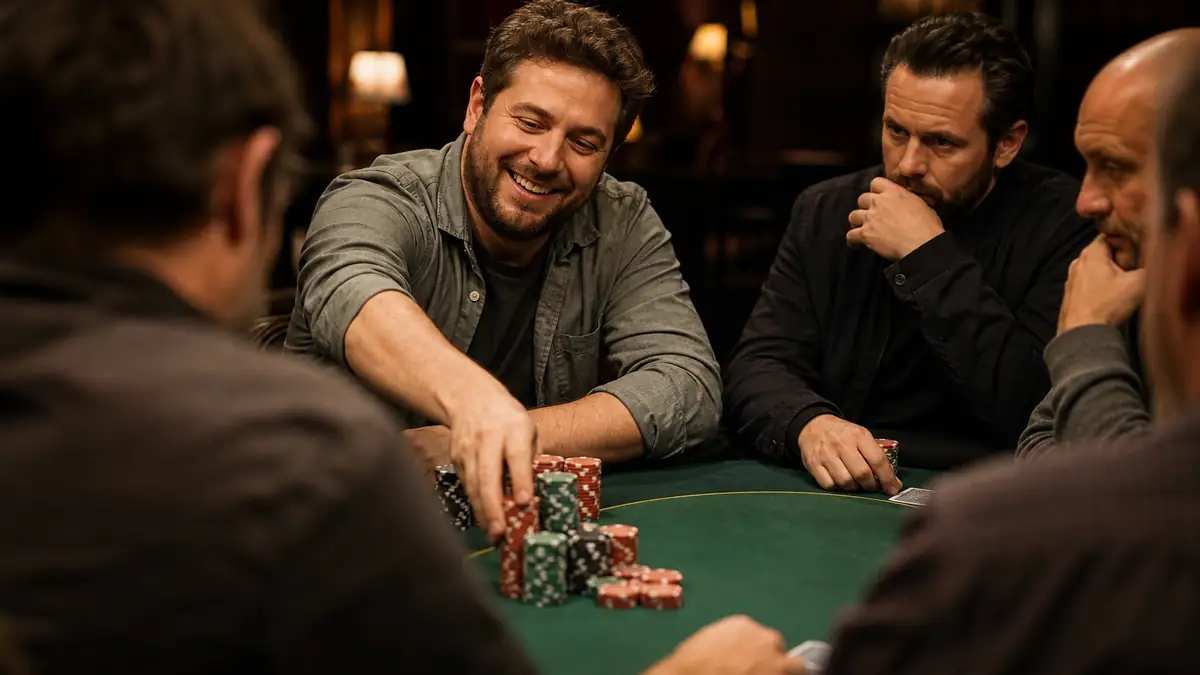 A relaxed recreational player at a poker table pushing a big stack of chips into the pot while sharper opponents quietly watch
