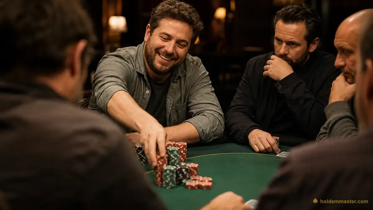 Ein entspannter Freizeitspieler am Pokertisch schiebt einen großen Stack Chips in den Pot, während schärfere Gegner ihn still beobachten