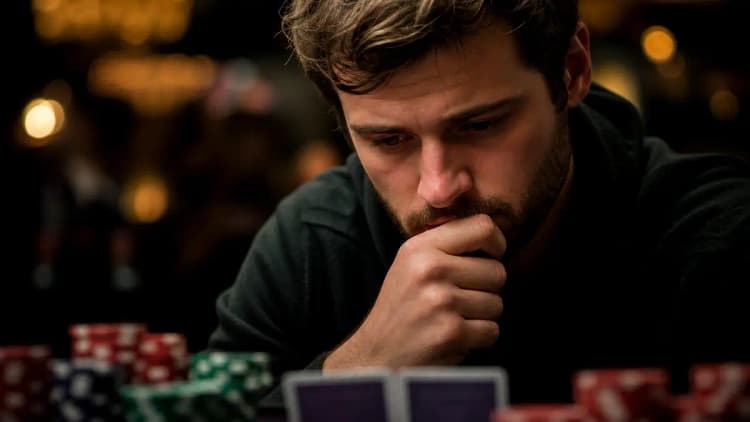 Ein Pokerspieler tief in Gedanken, die Hand am Kinn, ringt mit der Entscheidung zwischen Call und Fold, Chips und verdeckte Karten im Vordergrund