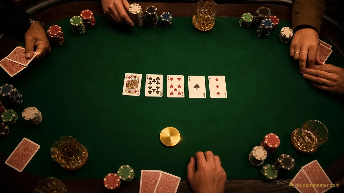 Ein Texas-Hold'em-Tisch mit Chips, dem Dealer-Button und Gemeinschaftskarten auf grünem Filz – die Sprache des Pokers