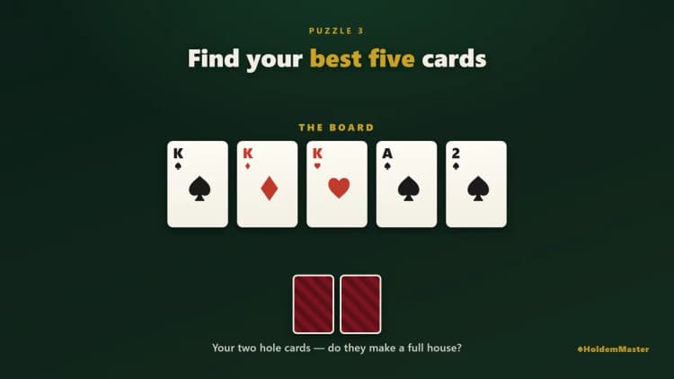 K-K-K-A-2 board on a poker table — can you spot the full house before the dealer does?