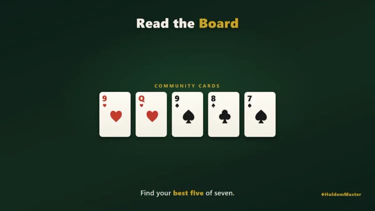 Infographic of a paired 9♥ Q♥ 9♠ 8♣ 7♠ community board — reading the pairs and possible straights to find your best five cards
