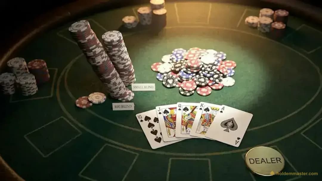 Royal Flush โ 10 J Q K A of spades on a poker table with chip stacks and dealer button