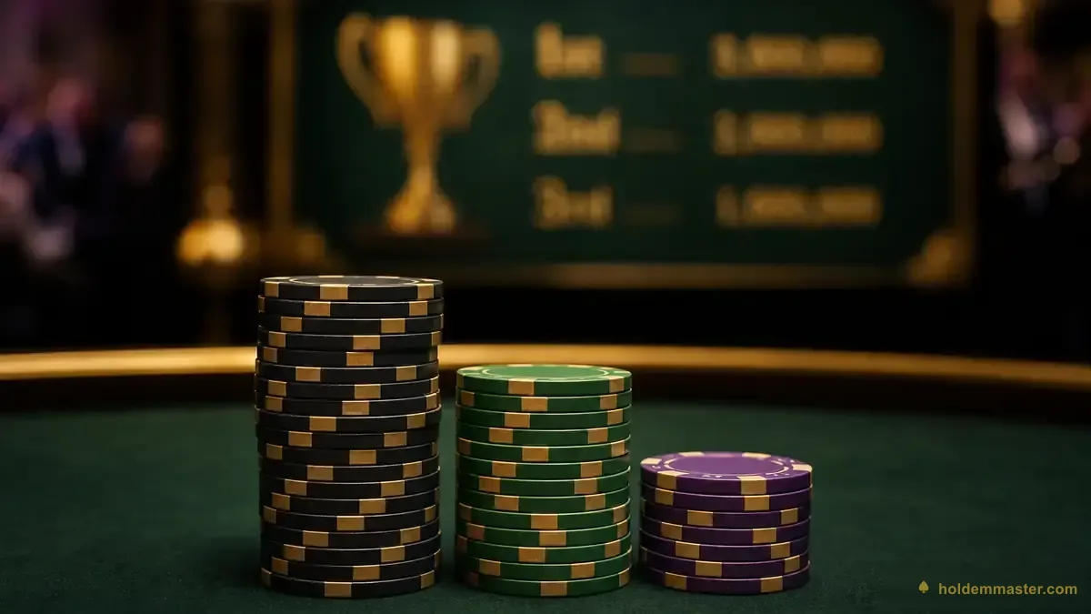 Chip poker final table ditumpuk di depan tangga payout, menunjukkan bahwa stack chip lebih besar tidak berubah 1:1 menjadi porsi uang hadiah yang lebih besar